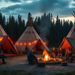 Индигенный туристический лагерь с традиционными типи на фоне бореального леса