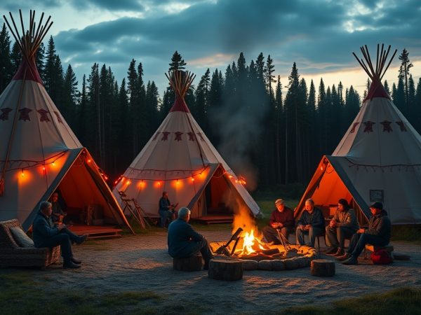 Индигенный туристический лагерь с традиционными типи на фоне бореального леса