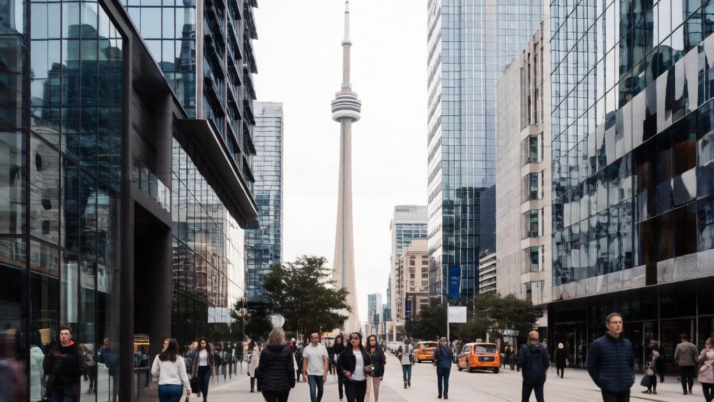 Улица в центре Торонто с башней CN Tower на фоне и современными небоскребами