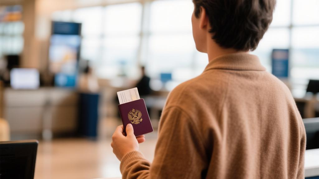 Человек стоит на стойке регистрации в аэропорту с паспортом и билетом в руках