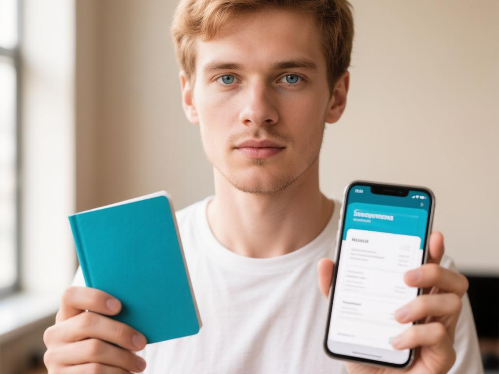 Человек держит загранпаспорт и смартфон с билетом