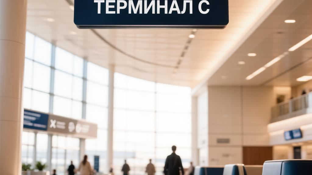 Указатель терминала C в аэропорту Навигационный знак с надписью терминал C под потолком зала аэропорта