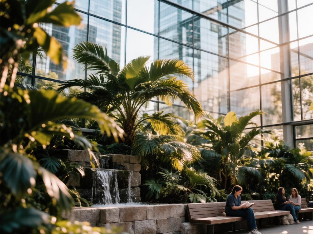 Внутренний сад Cloud Gardens с тропическими растениями, каменным водопадом и стеклянными стенами, отражающими небоскребы