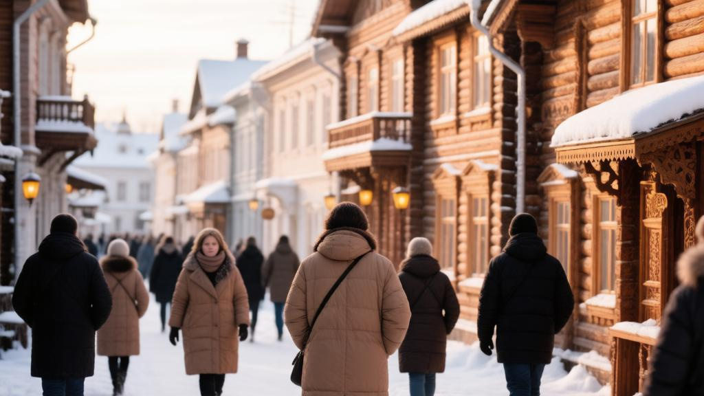 Люди в тёплой одежде идут по заснеженной улице с деревянными домами