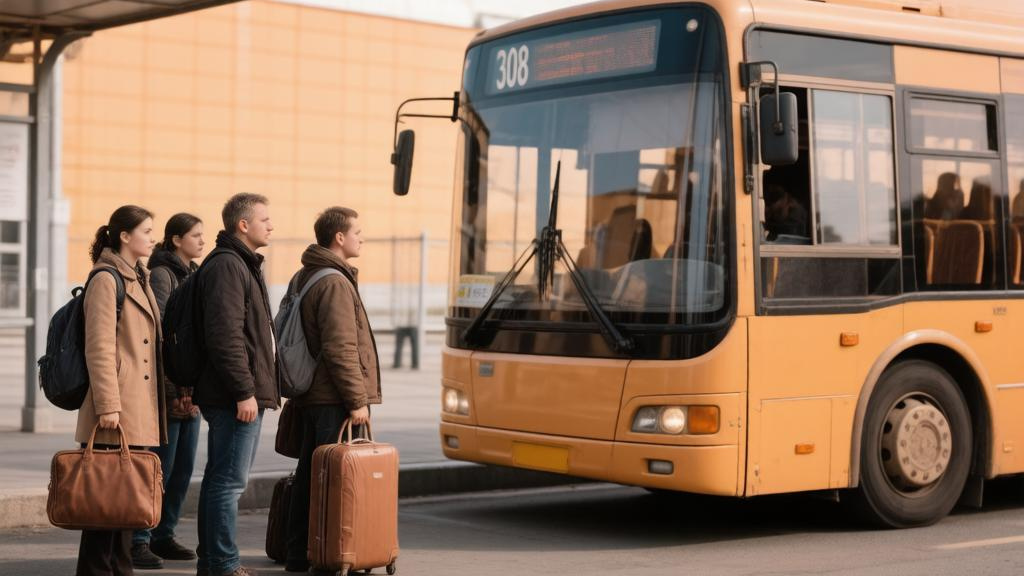 Автобус маршрута 308 на остановке аэропорта Домодедово, пассажиры с чемоданами заходят в салон