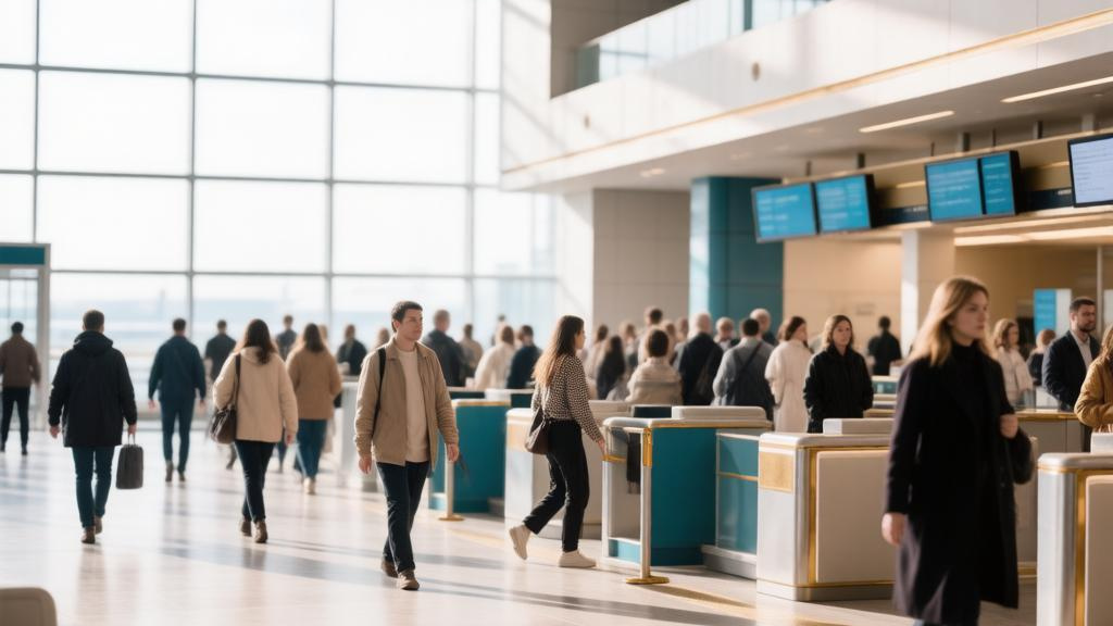 Пассажиры проходят паспортный контроль в терминале международного аэропорта
