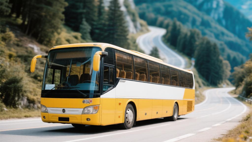 Желтый автобус едет по горной серпантине трассы А-147 к Красной Поляне