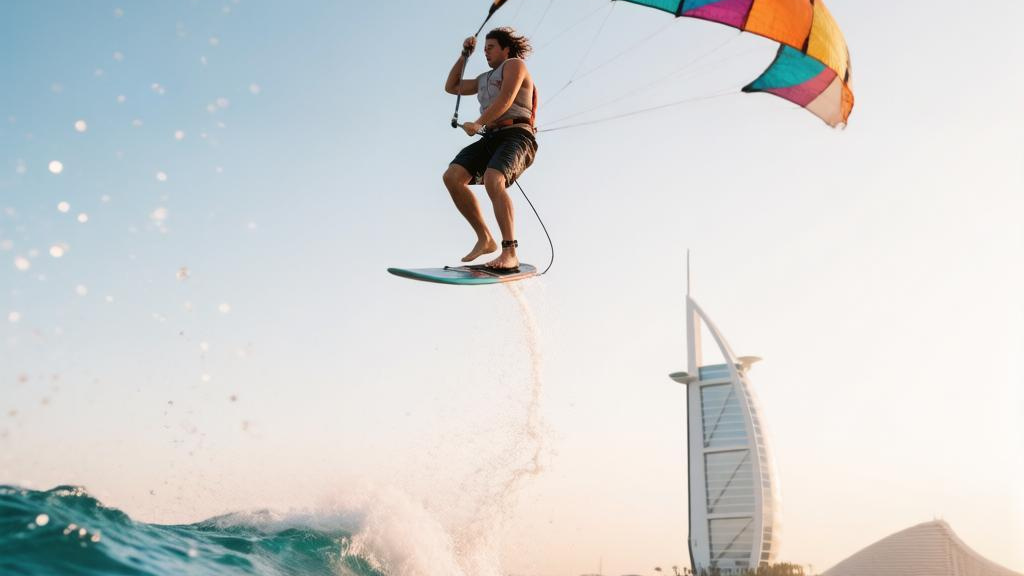 Кайтсерфер в прыжке на фоне Бурдж Аль Араб и бирюзовой воды