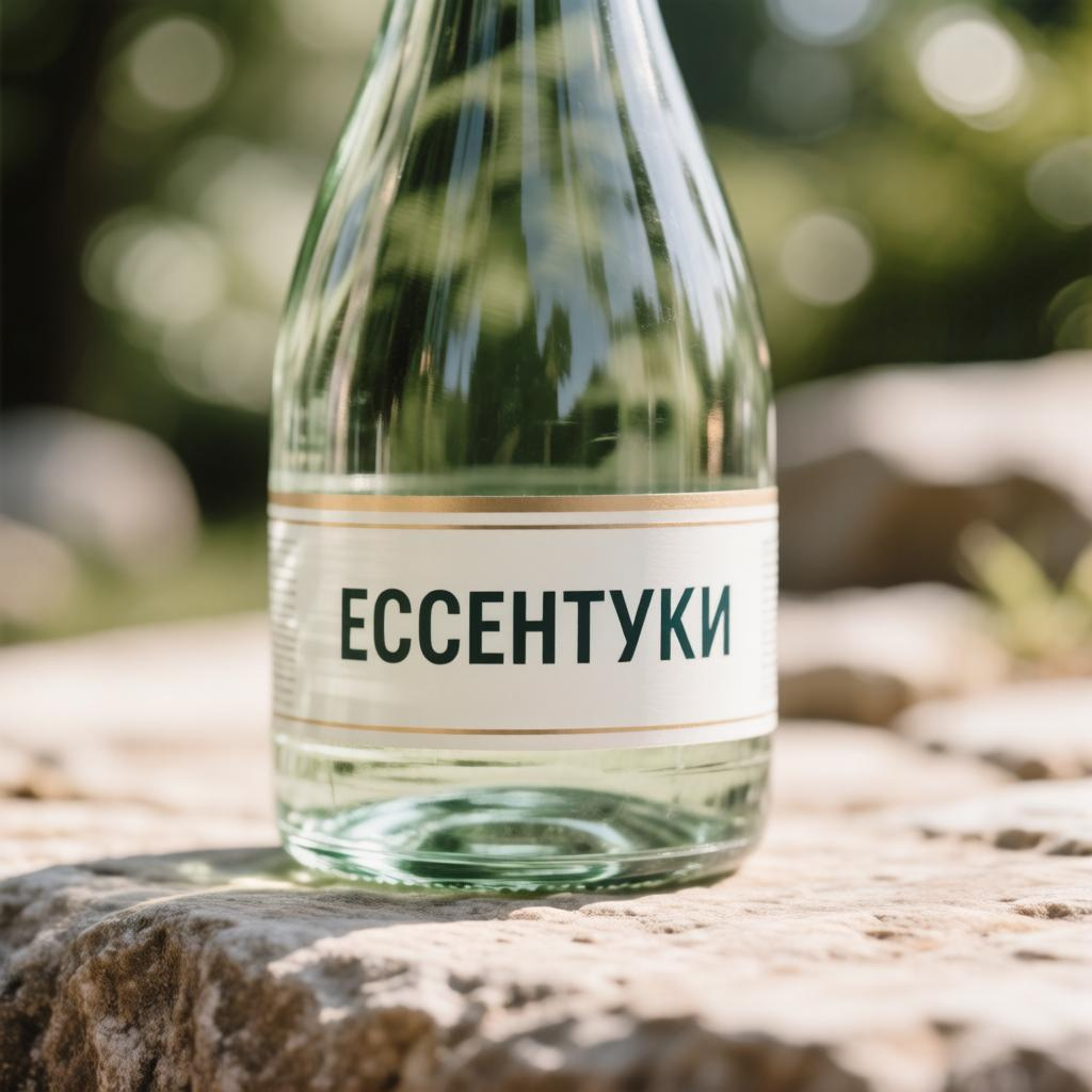 Бутылка минеральной воды Ессентуки на камне Стеклянная бутылка с водой источника на фоне парка