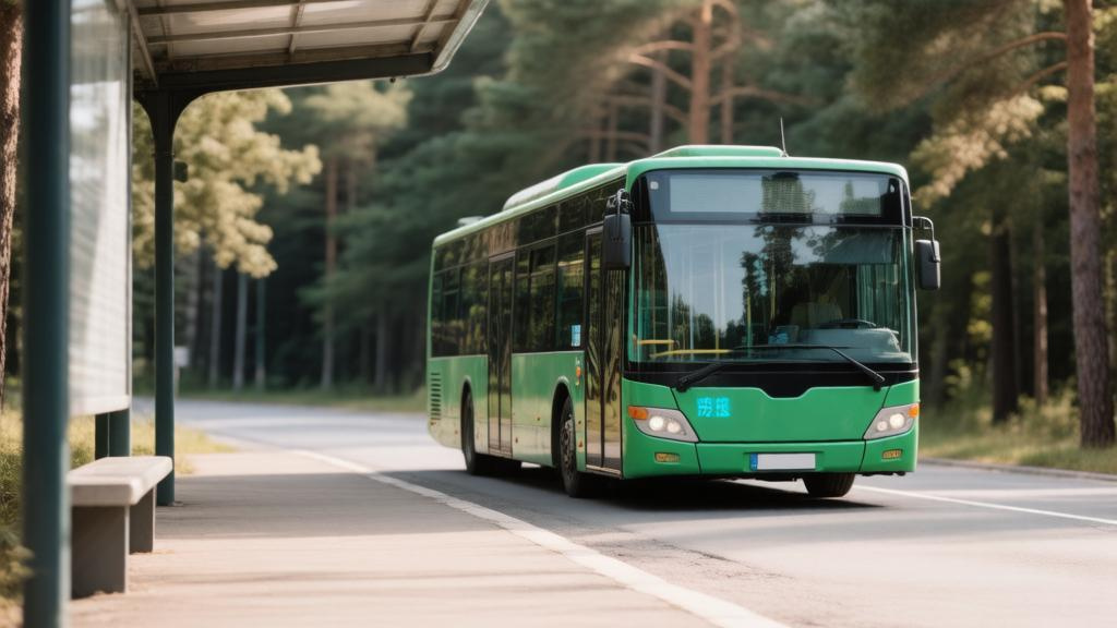 Остановка автобуса около леса с зелёным автобусом вдали