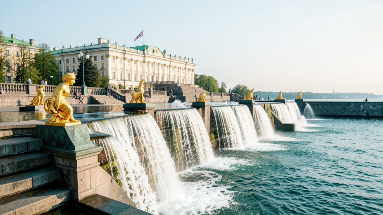 Золотые статуи и струи воды на террасах у моря