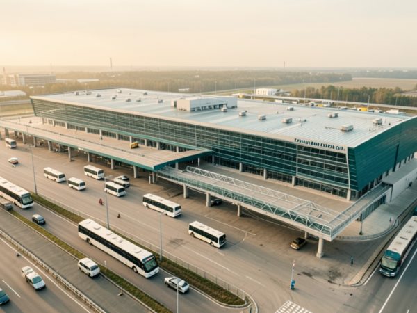Аэрофотоснимок терминала аэропорта Домодедово с транспортной инфраструктурой в дневное время