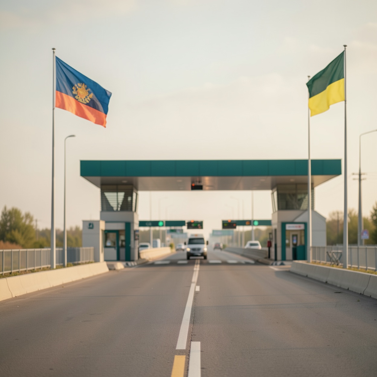 Пограничный пункт с флагами двух стран под мягким дневным светом