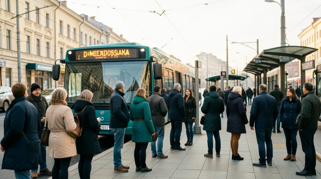 Автобус у станции метро Домодедовская Пассажиры ждут автобус на остановке у станции метро Домодедовская в дневное время