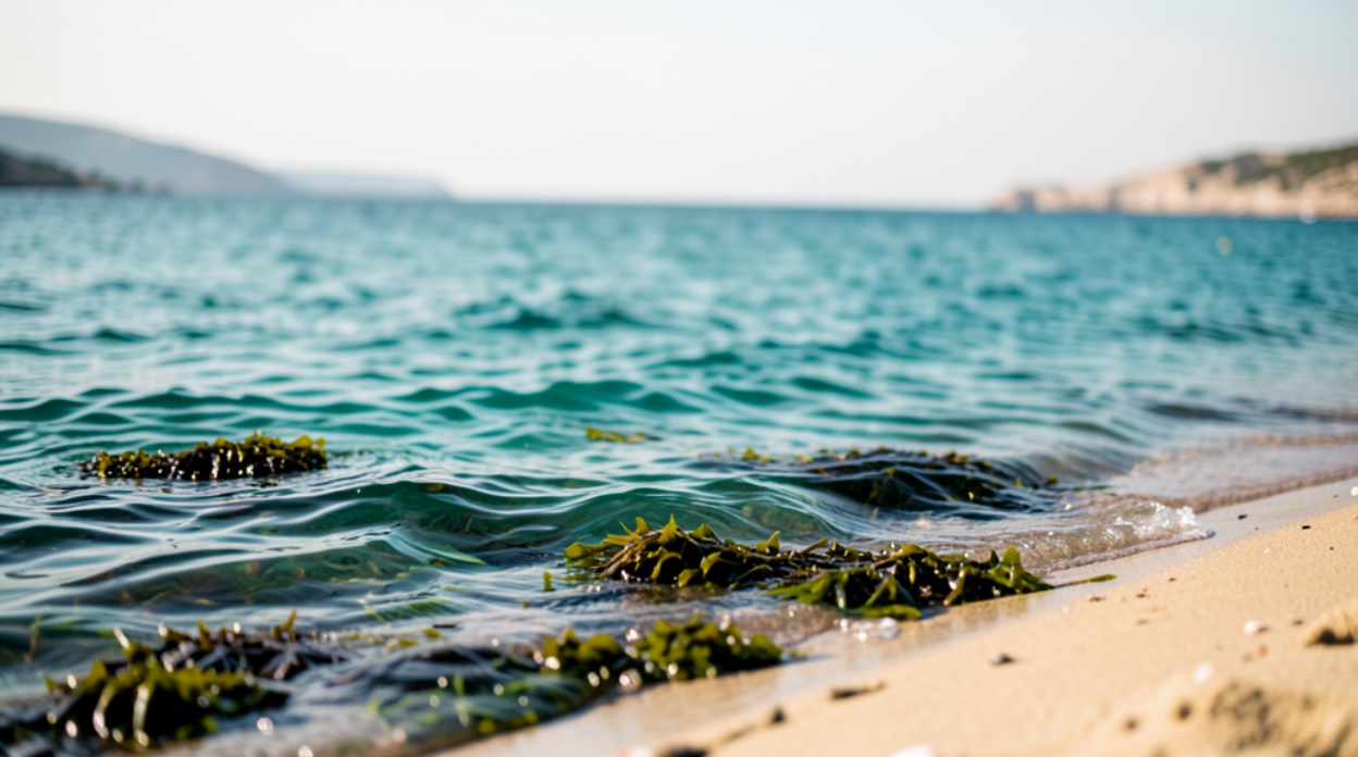 Лечебный пляж с водорослями Море с целебными водорослями у песчаного пляжа Анапы