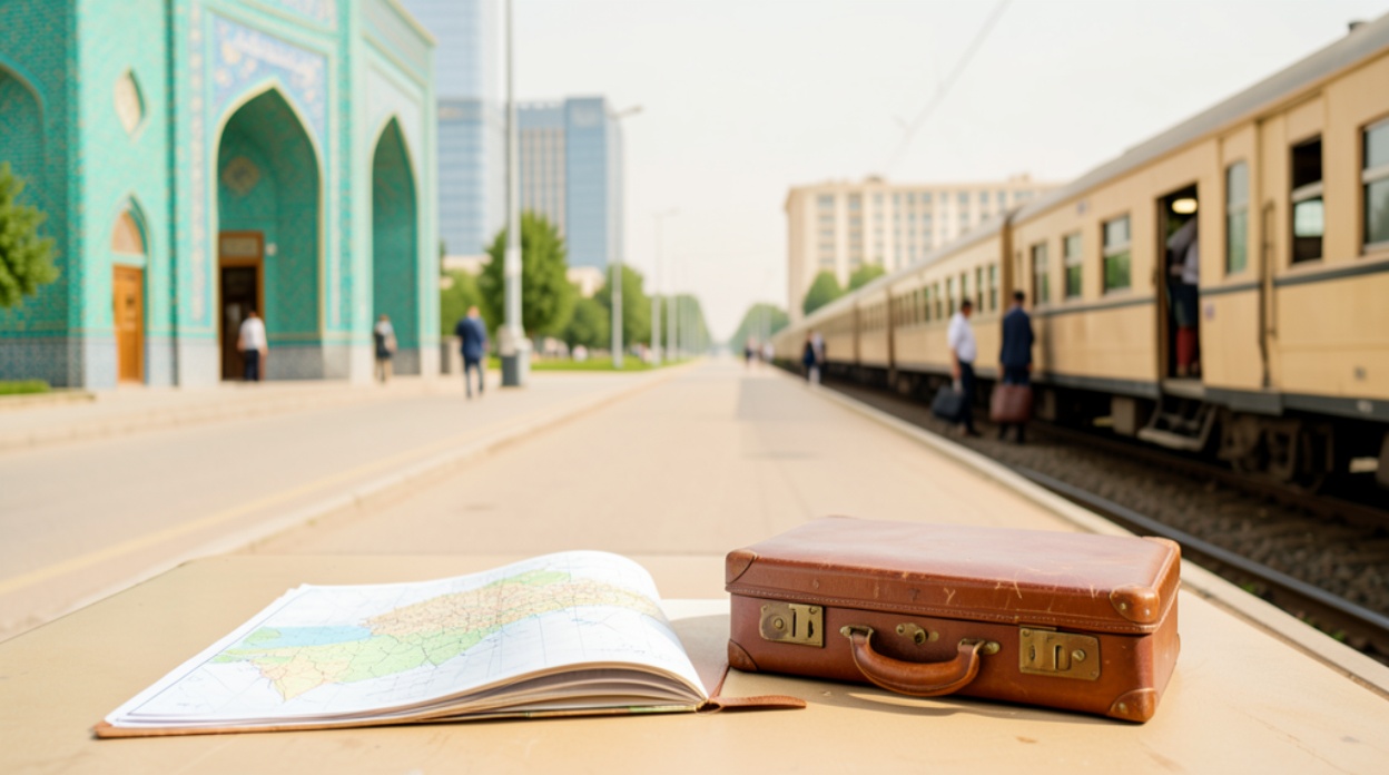 Открытый загранпаспорт на столе рядом с ручкой и билетом